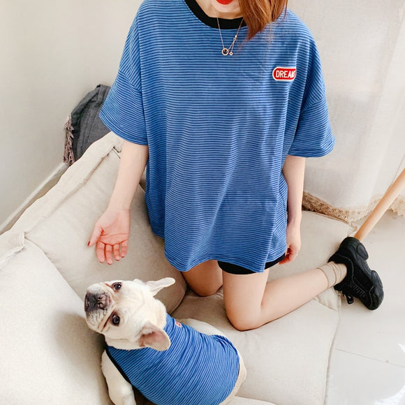 Cute Strip Dog Family Parent Outfits Clothes For Pet Cat Summer Cotton Small Medium Dog Vest Hoodie Shirt Women Shirt Pajamas